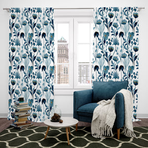 Window Curtains Botanical Wildflower Teal Blue