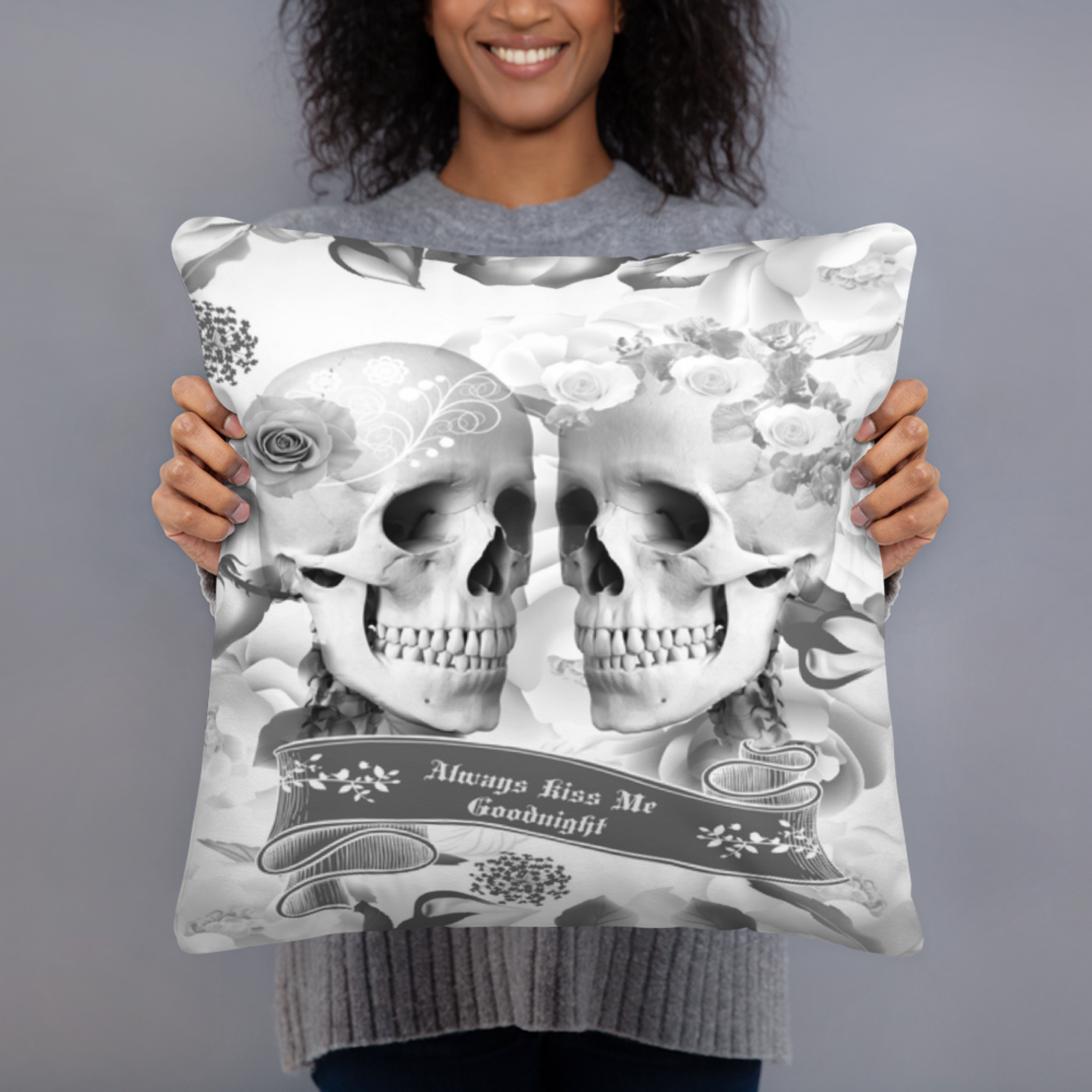 The Black and White Always Kiss Me Goodnight Gothic Skulls Throw