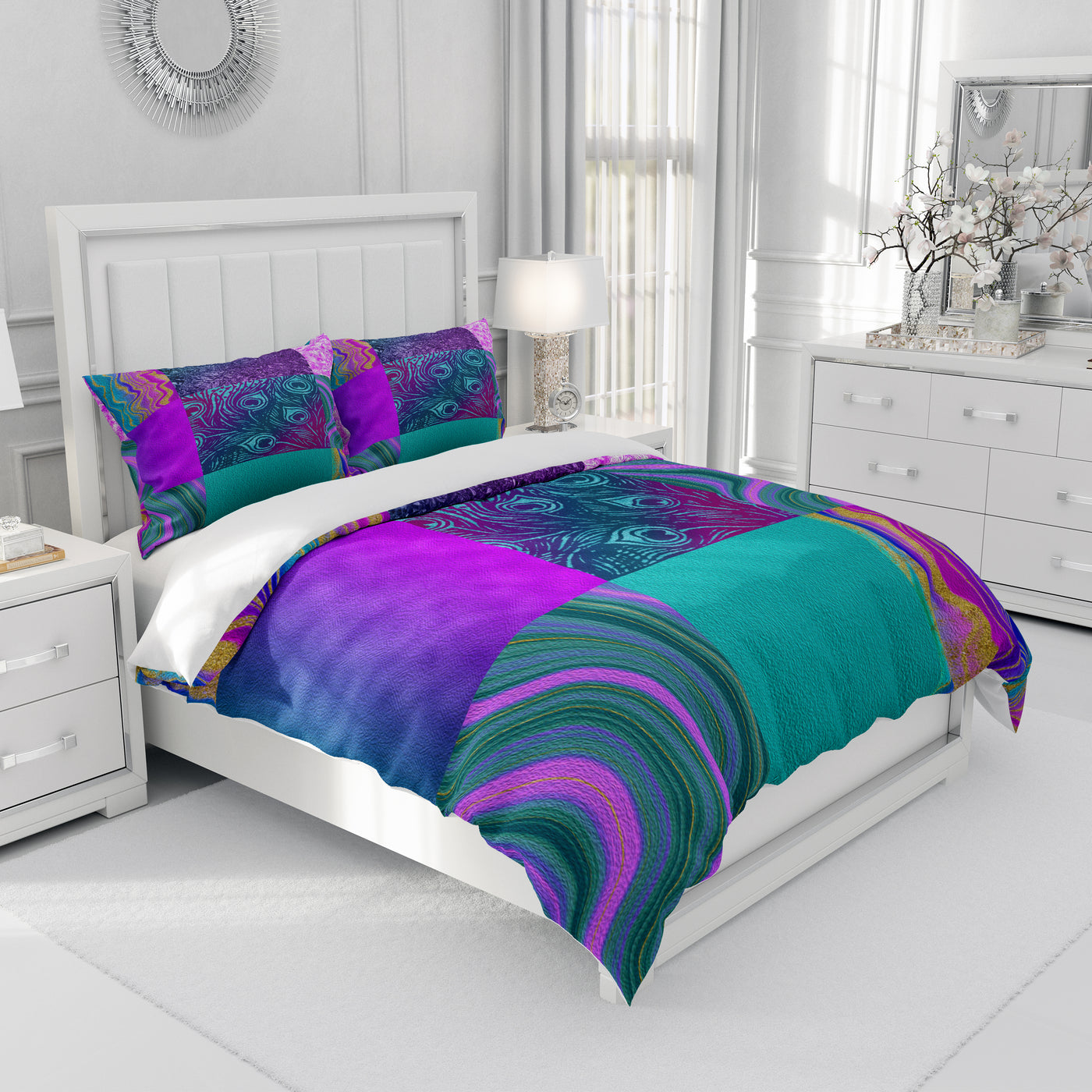 teal and purple bedding